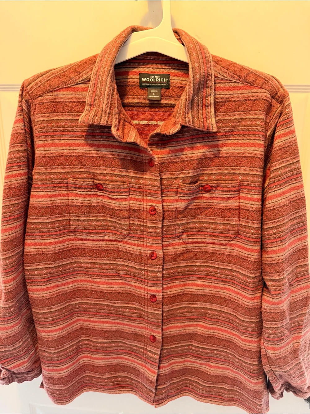 Woolrich Striped Button-Down Shirt Jacket in Rust and Pink